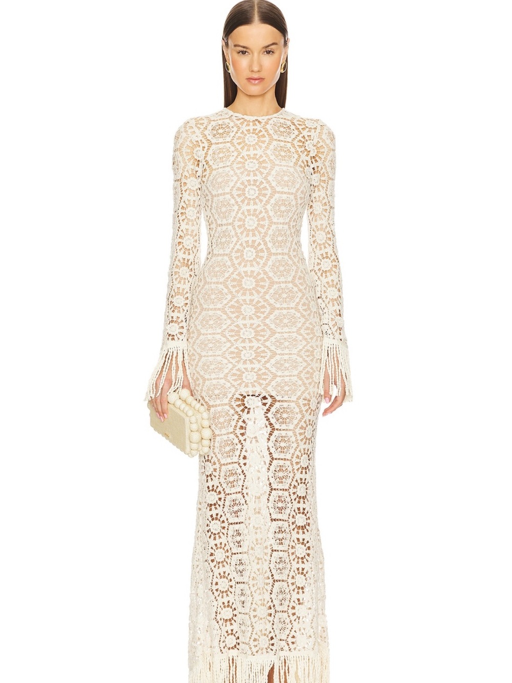Bronx and Banco Cream Crochet Fringe Maxi Dress